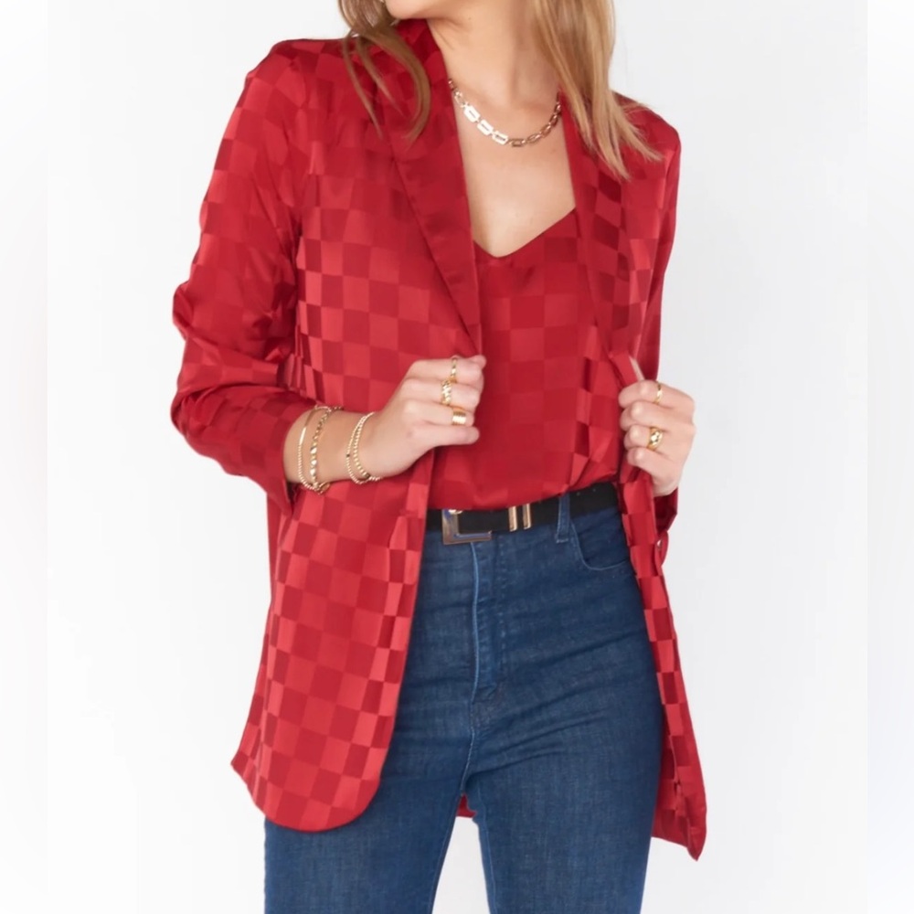 Show Me Your MuMu Felix checkered button women’s red satin L lined blazer
